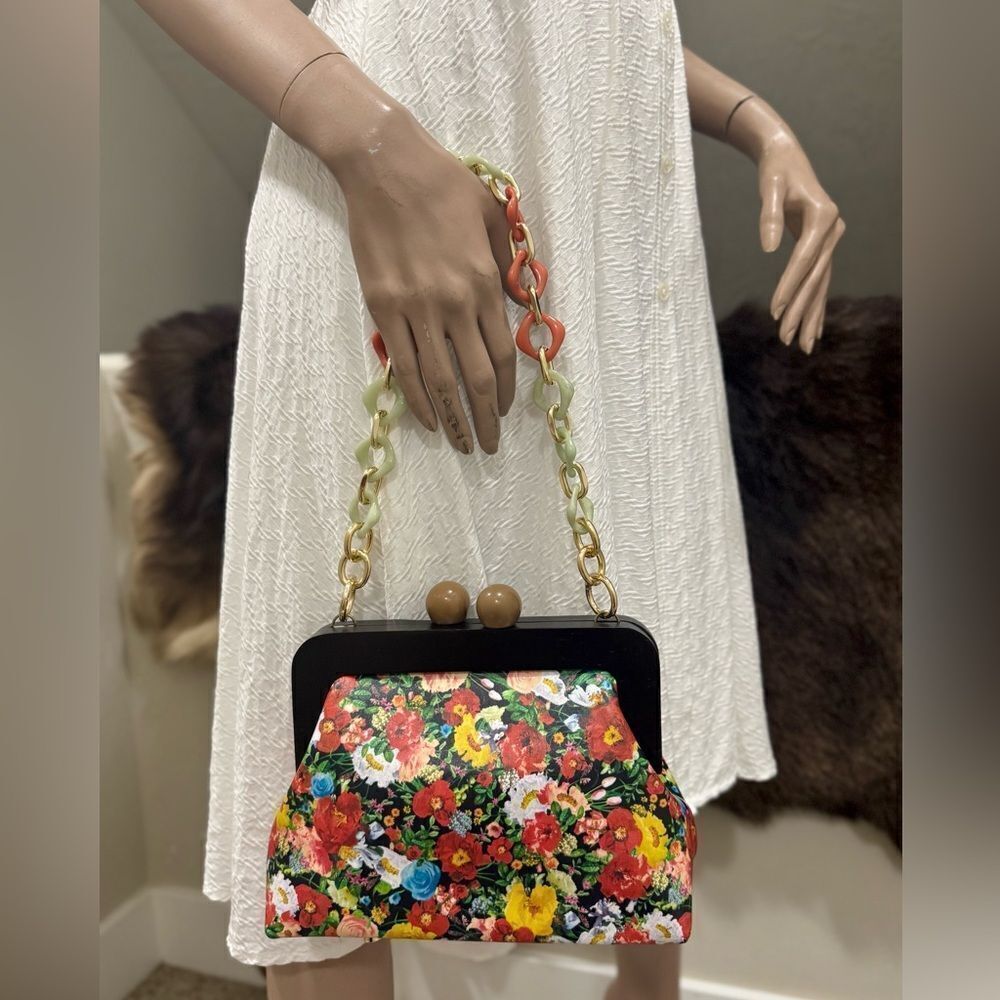 Floral Print Cowhide Leather Handmade Wooden Frame Clutch Bag/Crossbody